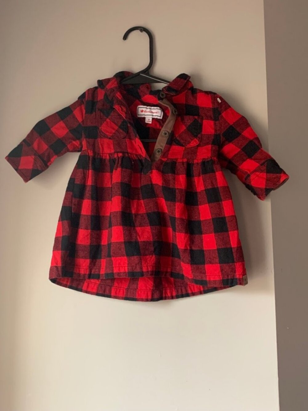 Canadiana Buffalo Plaid Baby Dress Top Red Black Elbow Patches - 6-12M